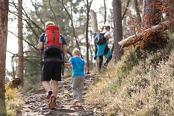 Image showing Rear view of unrecognizable young active family hiking together on mountain forest trackin in fall. Parents wearing backpacks and child toys.