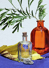 Image showing Glass jars, yellow leaf and green branch