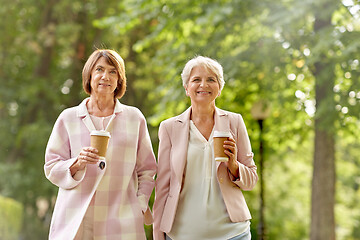 Image showing senior women or friends drinking coffee at park