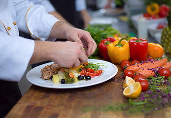 Image showing cook chef decorating garnishing prepared meal