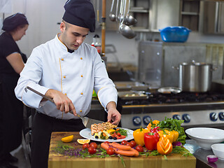 Image showing cook chef decorating garnishing prepared meal