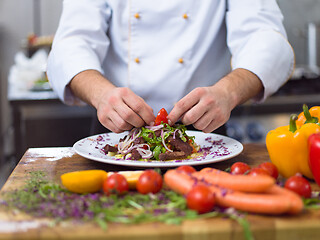 Image showing cook chef decorating garnishing prepared meal