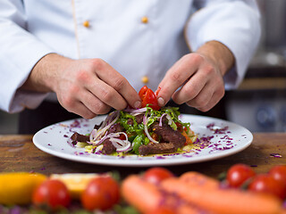 Image showing cook chef decorating garnishing prepared meal