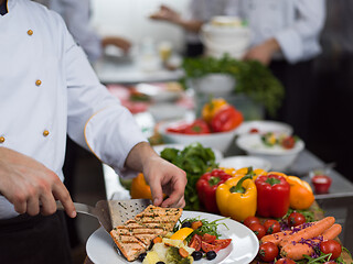 Image showing cook chef decorating garnishing prepared meal