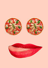 Image showing Funny art collage. Pizza eyes with red lips.