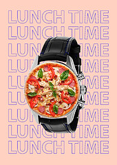 Image showing Funny art collage. Pizza with wristwatch.