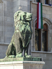 Image showing Lion Statue in front of the Budapest Parliament