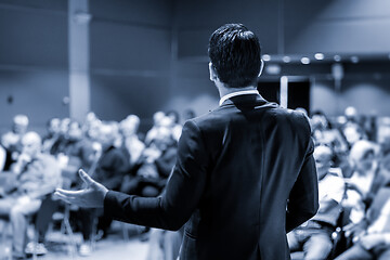 Image showing Speaker giving a talk at business conference meeting.