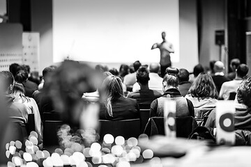 Image showing Business speaker giving a talk at business conference event.