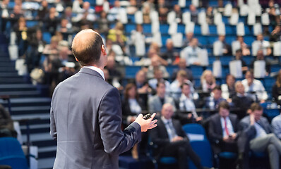 Image showing Public speaker giving talk at Business Event.