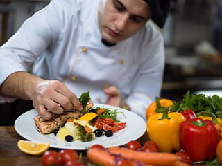 Image showing cook chef decorating garnishing prepared meal