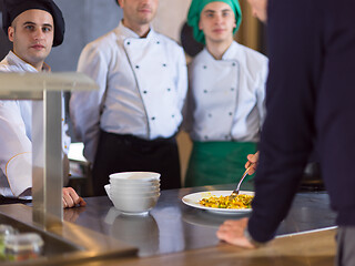 Image showing chefs in the kitchen presenting dish of tasty meal