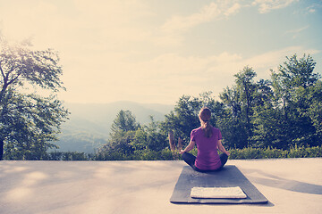 Image showing handsome woman doing morning yoga exercises