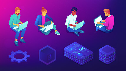 Image showing Isometric people with laptops and technology elements set.