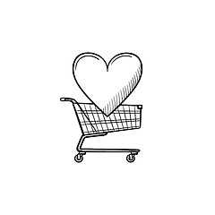 Image showing Shopping cart with heart hand drawn outline doodle icon.