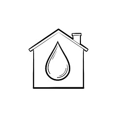 Image showing House with water drop hand drawn outline doodle icon.