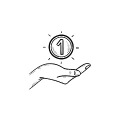 Image showing Hand and one coin hand drawn outline doodle icon.