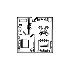 Image showing Floor plan with furniture hand drawn outline doodle icon.