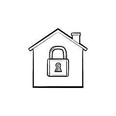 Image showing House with closed lock hand drawn outline doodle icon.