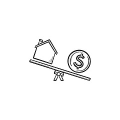 Image showing House and dollar on seesaw hand drawn outline doodle icon.