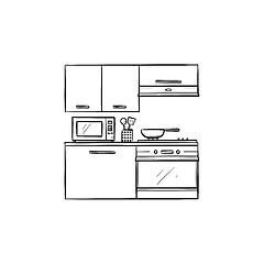 Image showing Kitchen interior and appliances hand drawn outline doodle icon.