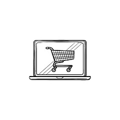 Image showing Laptop with shopping cart on screen hand drawn outline doodle icon.