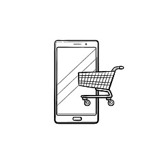 Image showing Shopping on smart phone hand drawn outline doodle icon.