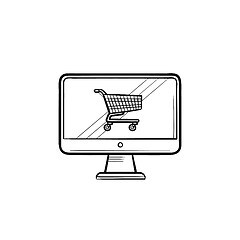 Image showing Computer screen with shopping cart hand drawn outline doodle icon.