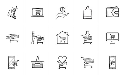 Image showing Online shopping and e-commerce hand drawn outline doodle icon set.