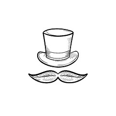 Image showing Top hat with mustache hand drawn outline doodle icon.