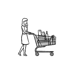 Image showing Woman with shopping cart hand drawn outline doodle icon.