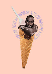 Image showing Contemporary art collage. Concept ice cream on pink background.