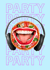 Image showing Funny art collage. Pizza eyes with red lips.