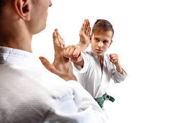 Image showing Man and teen boy fighting at aikido training in martial arts school