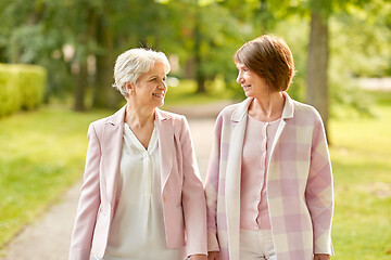 Image showing senior women or friends walking along summer park