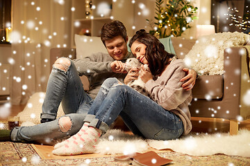 Image showing happy couple with cat at home