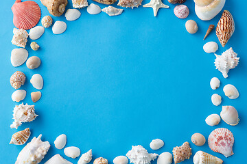 Image showing frame of different sea shells on blue background