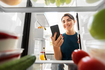 Image showing woman with smartphone makes list of food in fridge