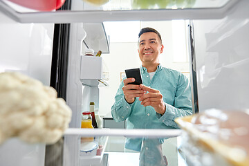 Image showing man with smartphone making list of food in fridge