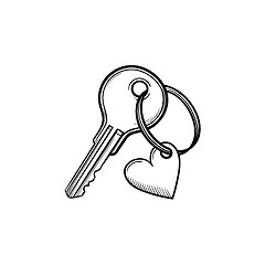 Image showing Key with heart shaped keyholder hand drawn outline doodle icon.