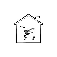 Image showing House shopping cart hand drawn outline doodle icon.