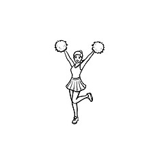 Image showing Cheerleader girl with pompoms hand drawn outline doodle icon.