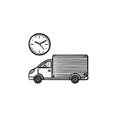 Image showing Delivery truck with clock hand drawn outline doodle icon.