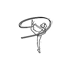 Image showing Young gymnast woman with ribbon hand drawn outline doodle icon.