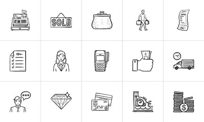 Image showing Shopping and paying hand drawn outline doodle icon set.