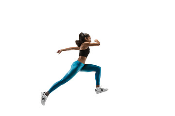 Image showing Young african woman running or jogging isolated on white studio background.