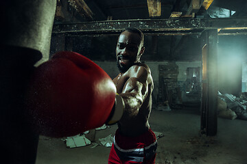 Image showing Hand of boxer over black background. Strength, attack and motion concept