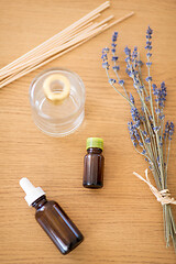 Image showing aroma reed diffuser, essential oil and lavender