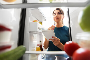 Image showing woman making list of necessary food at home fridge