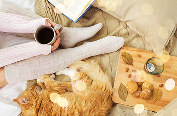 Image showing woman with coffee and red cat sleeping in bed